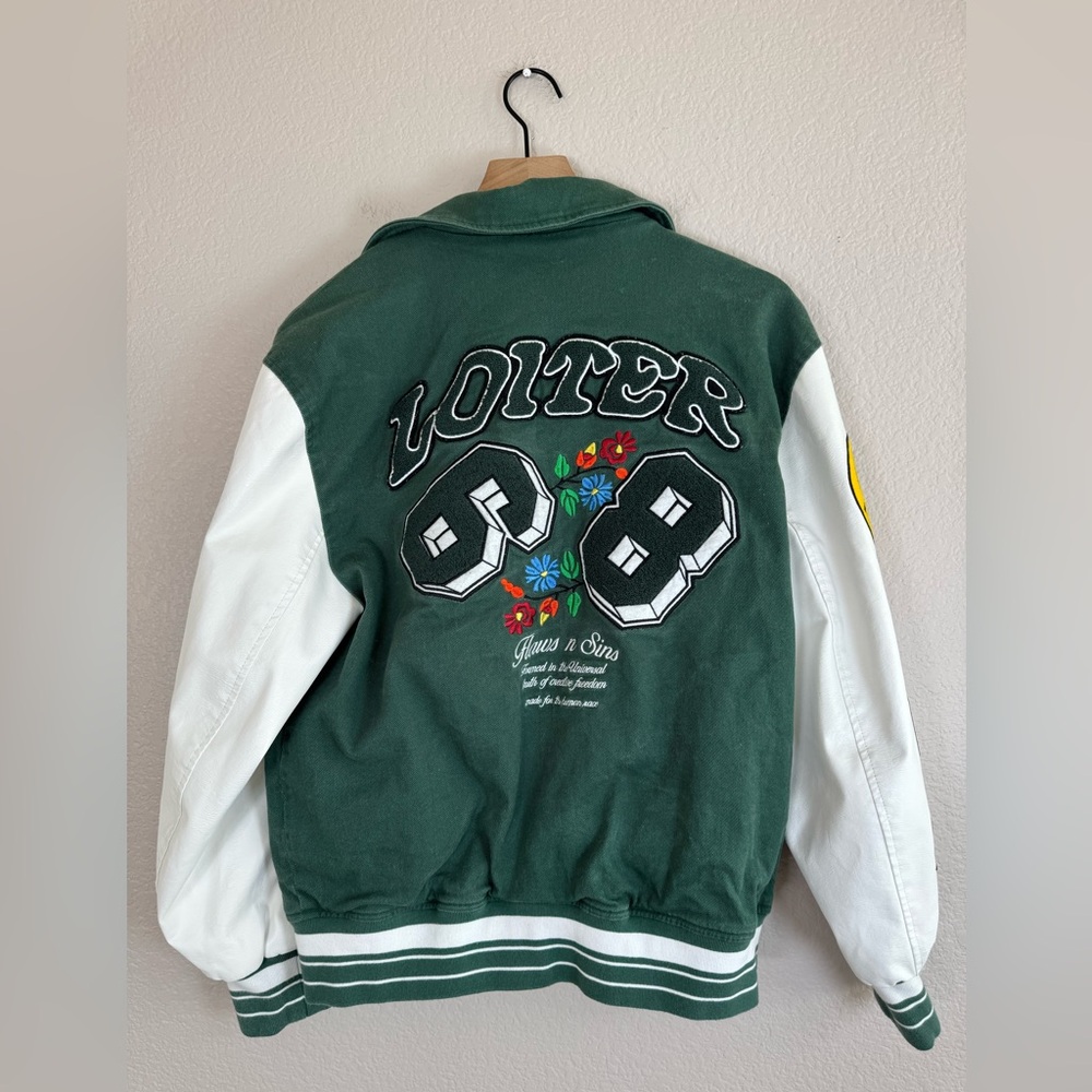 LOITER Flaws And Sins Varsity Logo Jacket size Medium Green Off White $229 - Picture 13 of 16